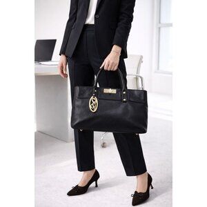 ONNA EHRLICH Madison Black Pebbled Leather Tote Satchel Gold Hardware Work bag